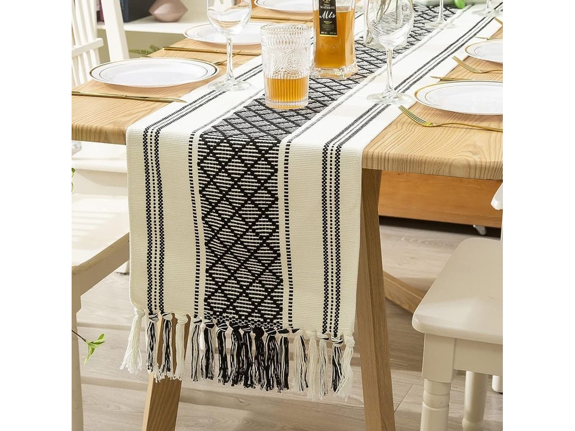 2026 mantel de Mesa Boho Marroquí 35x260 Cm Decoración para Fiesta Festiva de Madera Textil Natural Negro