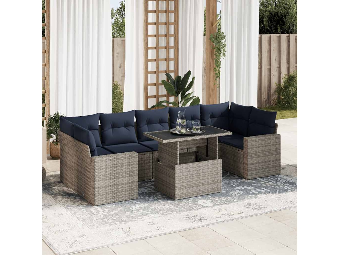 Vidaxl 8 Pcs Conjunto Sofás Jardim Almofadões Vime Pe/acácia Cinzento
