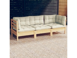 Vidaxl Sofá De Jardim 3 Lugares Com Almofadões Cor Creme Pinho Maciço