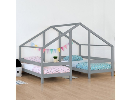 Cama Cabine para Duas Crianças Villy Madeira Maciça Cinza 2 X 90 X 160 Cm BENLEMI