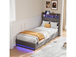 Cama De 90 X 200 Cm Em Linho Cinza Com Cabeceira E Peseira Iluminadas, Espaço De Armazenamento Integrado, Portas Usb E Type-c, 2 Gavetas.