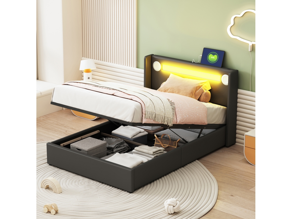 Cama Infantil 90x200 Led Bluetooth Usb Estante Lattenrost Couro Pu
