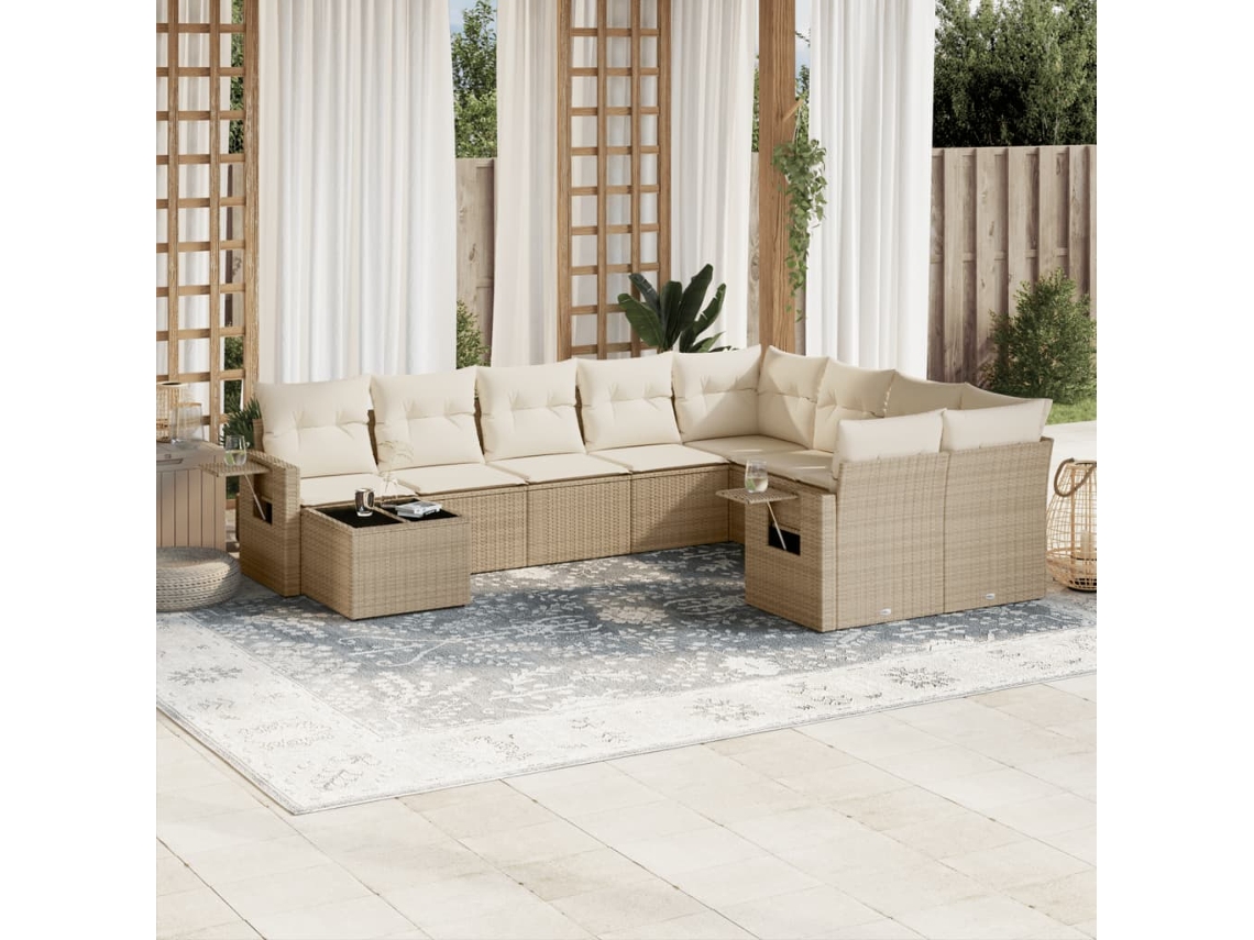 Vidaxl 10 Pcs Conjunto De Sofás P/ Jardim Com Almofadões Vime Pe Bege
