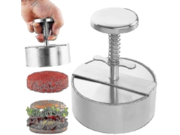 Prensa de hambúrguer em aço inoxidável, molde ideal para churrasco e culinária.