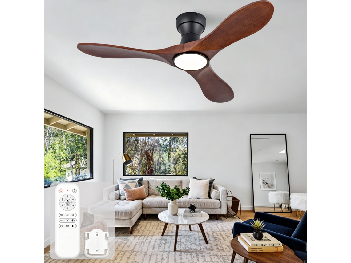 Ventilador De Teto 42 Polegadas Com Luz Led, Controlo Remoto, Três Pás De Madeira E Seis Velocidades