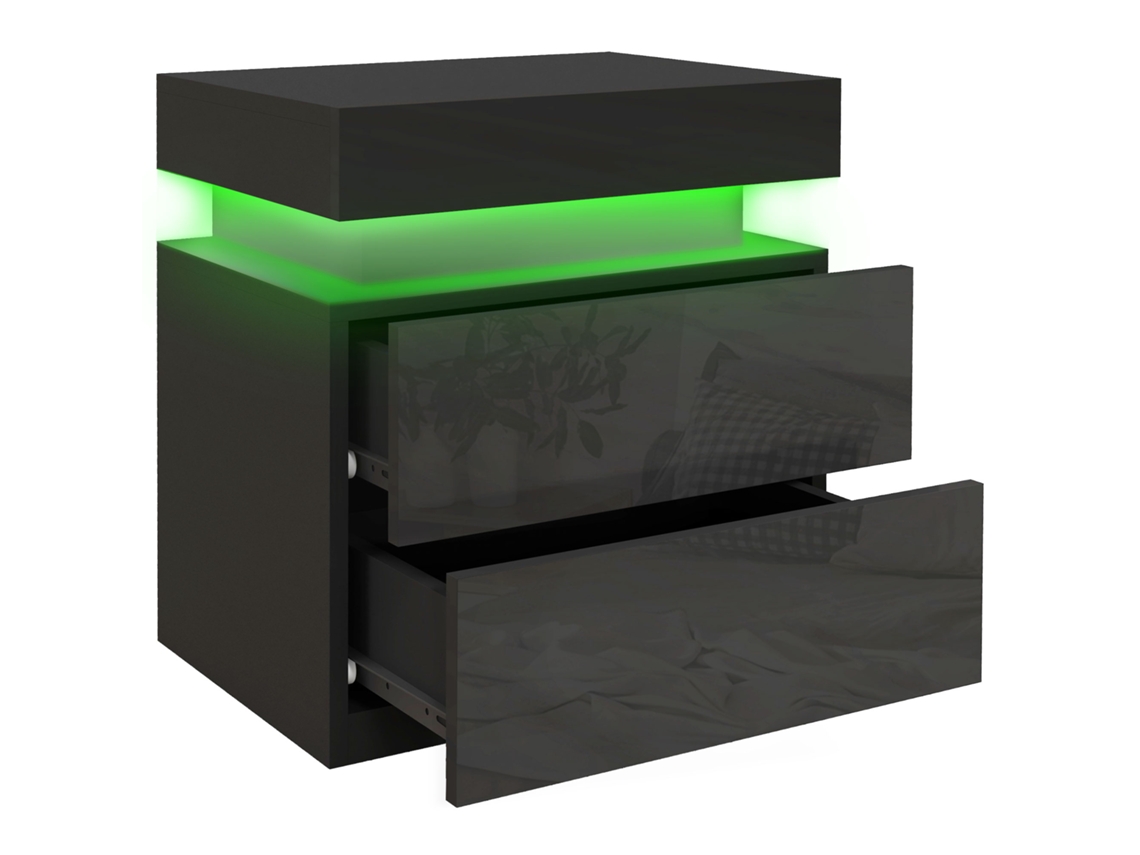 Mesa De Cabeceira Com Luz Led Painel De Alto Brilho 2 Gavetas E Controlo Remoto Para Dormitório 45x35x52 Cm Preto