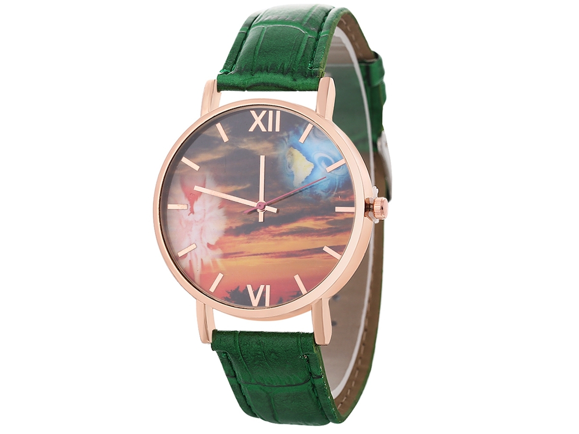 Relógio Zhoulianfa Quartz com pulseira de couro PU e mostrador redondo, ideal para estudantes e casais, na cor verde.