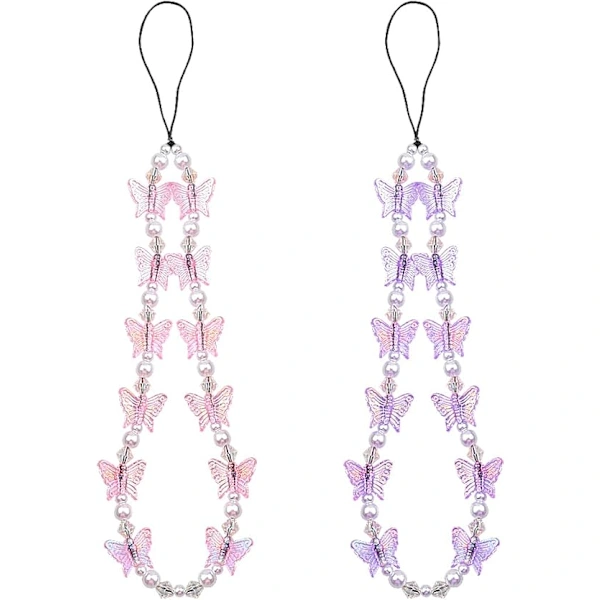 Conjunto De 2 Pingentes Para Celular Com Pérolas, Pulseira Com Pingente De Borboleta De Cristal Brilhante, Corrente Anti-perda Para Celular - Rosa E R
