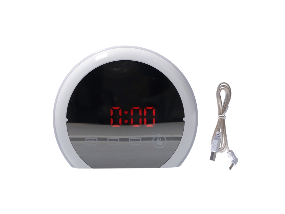 Relógio digital de LED Baok com espelho, 7 cores, alarme, função soneca, temperatura, data, hora e visor com palavras em vermelho.