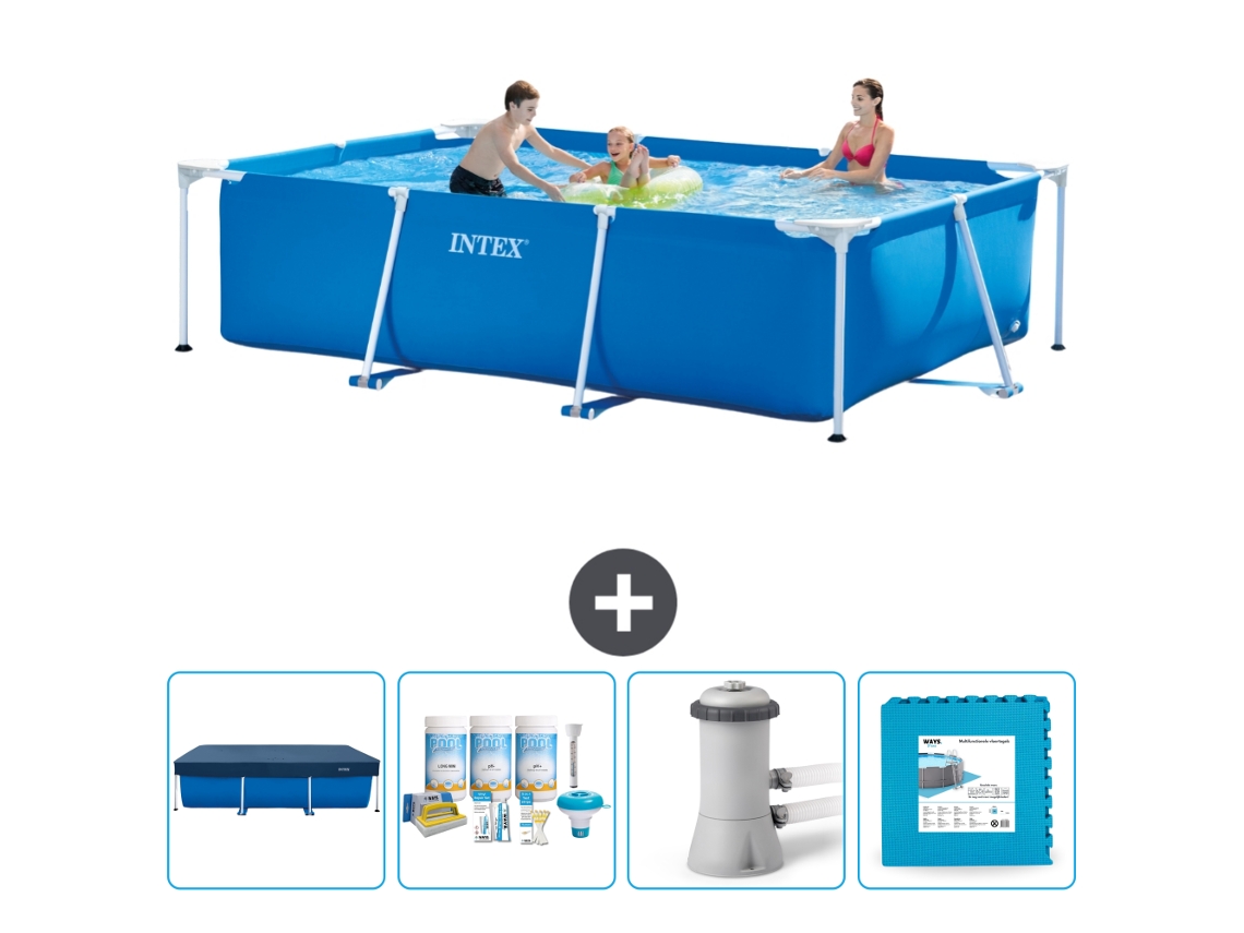 Piscina com Estrutura Retangular INTEX 300 X 200 X 75 Cm Azul Incluída Cobrir Pacote de Manutenção Bomba de Filtro de Piscina Ladrilhos