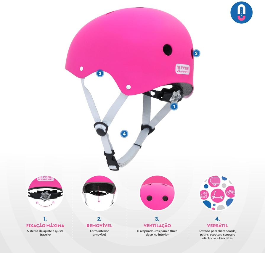 Capacete Crianças OLSSON HERO - Rosa S/M (50-52cm) Trotineta Skateboard Patins