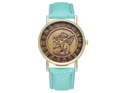 Relógio de quartzo casual para casal com pulseira de couro PU, mostrador redondo simples, cor menta.