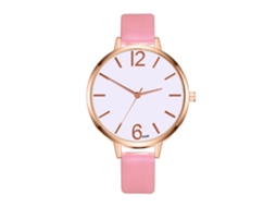 Relógio de Pulso Feminino de Moda com Pulseira de Couro Pu e Mostrador Redondo Rosa