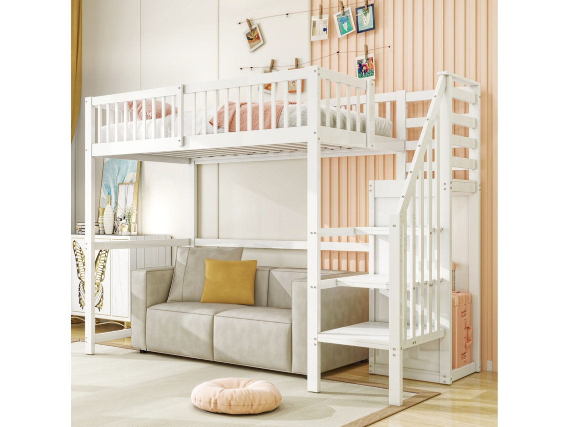 Cama Alta 90x200 Branca Madeira Criança Escada Guarda-roupa Prateleira