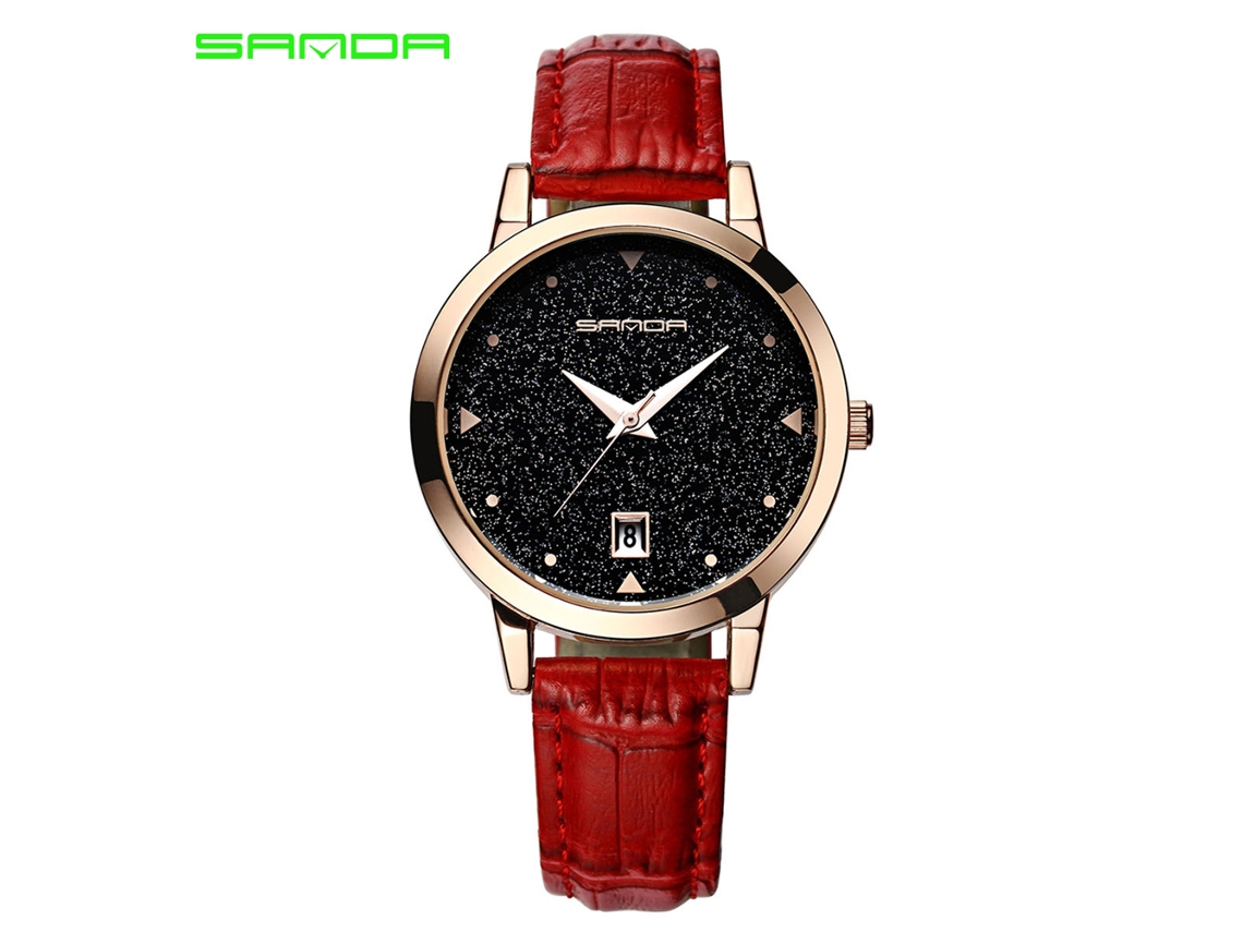 Relógio Feminino Sanda Pulseira Pu Resistente À Água 30m Relógio de Pulso Quartz Vermelho