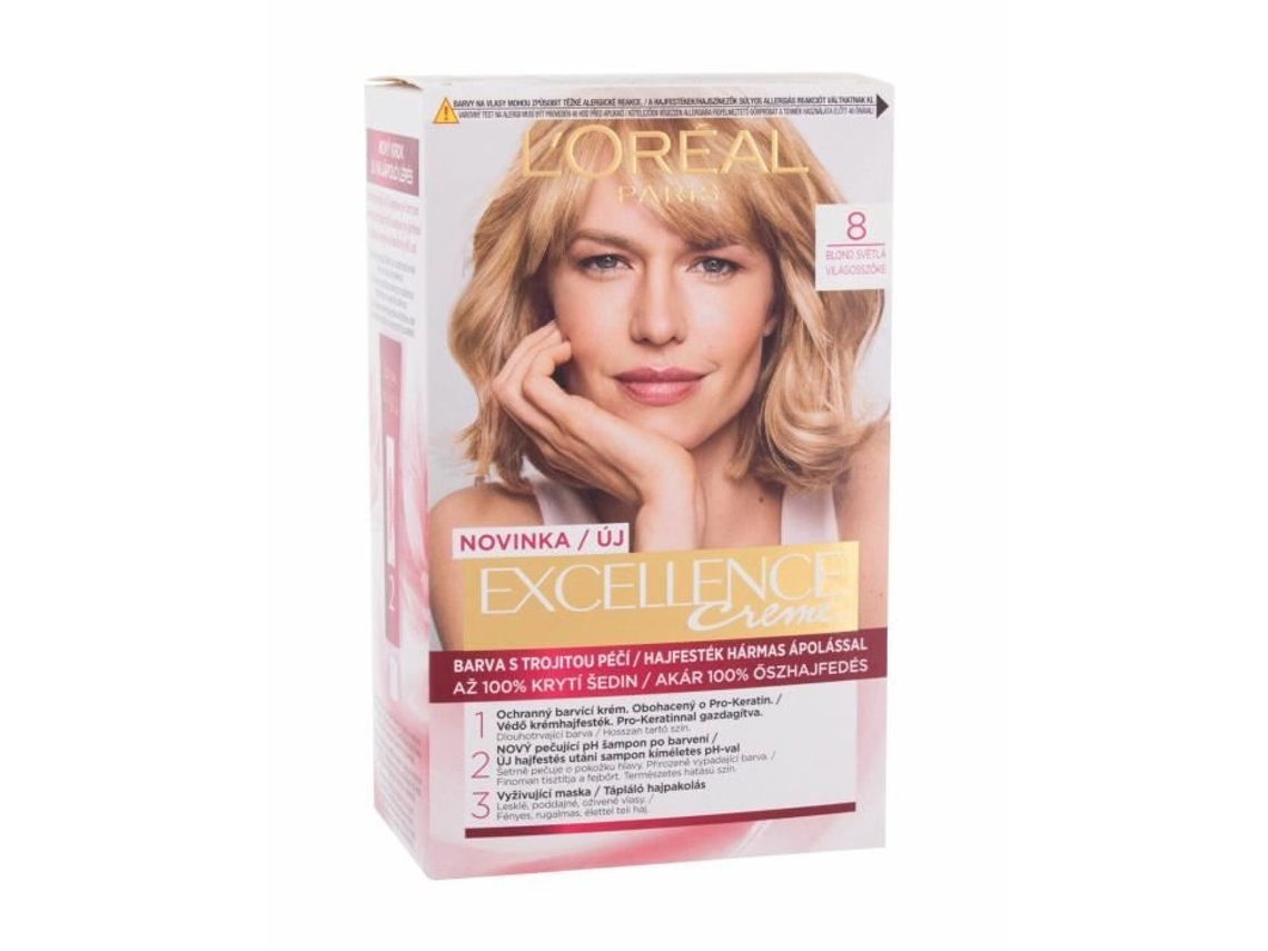 Creme de Proteção Tripla L'Oréal Paris Excellence 48ml, Loiro Claro Natural 8, Tintura de Cabelo