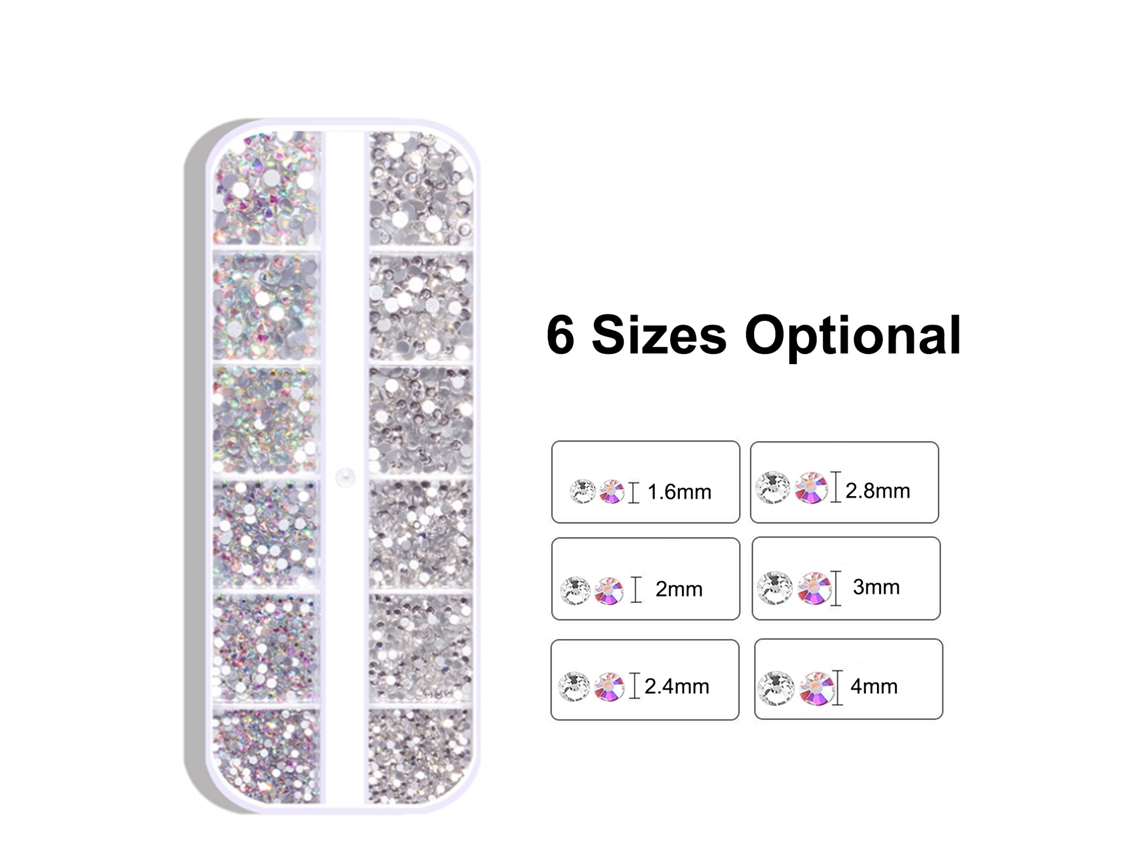 Kit De 1800 Strass Para Unhas Em 6 Tamanhos (1.6-4mm) Cristal Ab Redondo Vidro Com Sparkle Para Artesanato E Diy