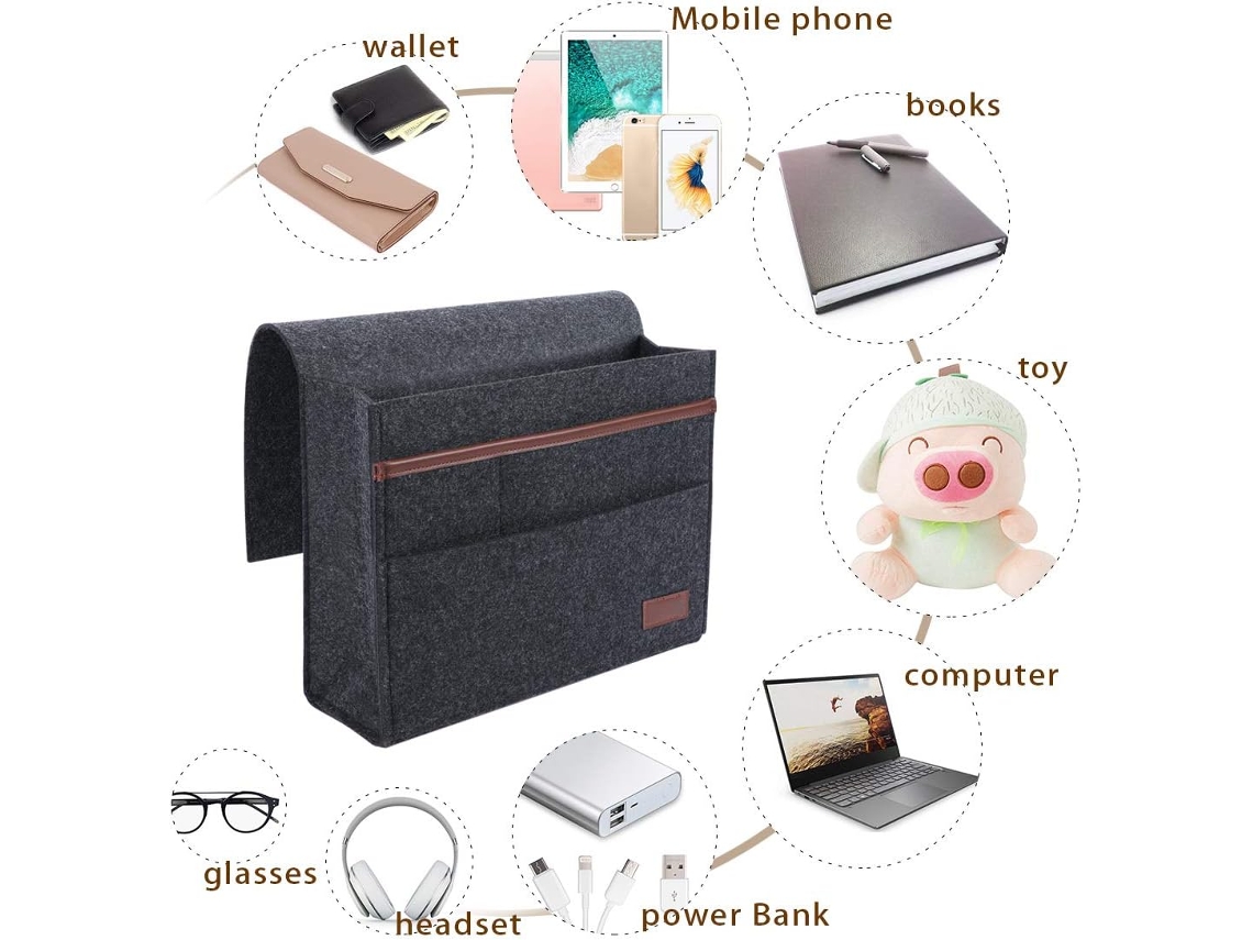 Lurelia Bolsa De Cabeceira, Em Feltro, Suspensa, Com Bolsos, Para Cama E Sofá, Cinza, Telemóvel Acessível