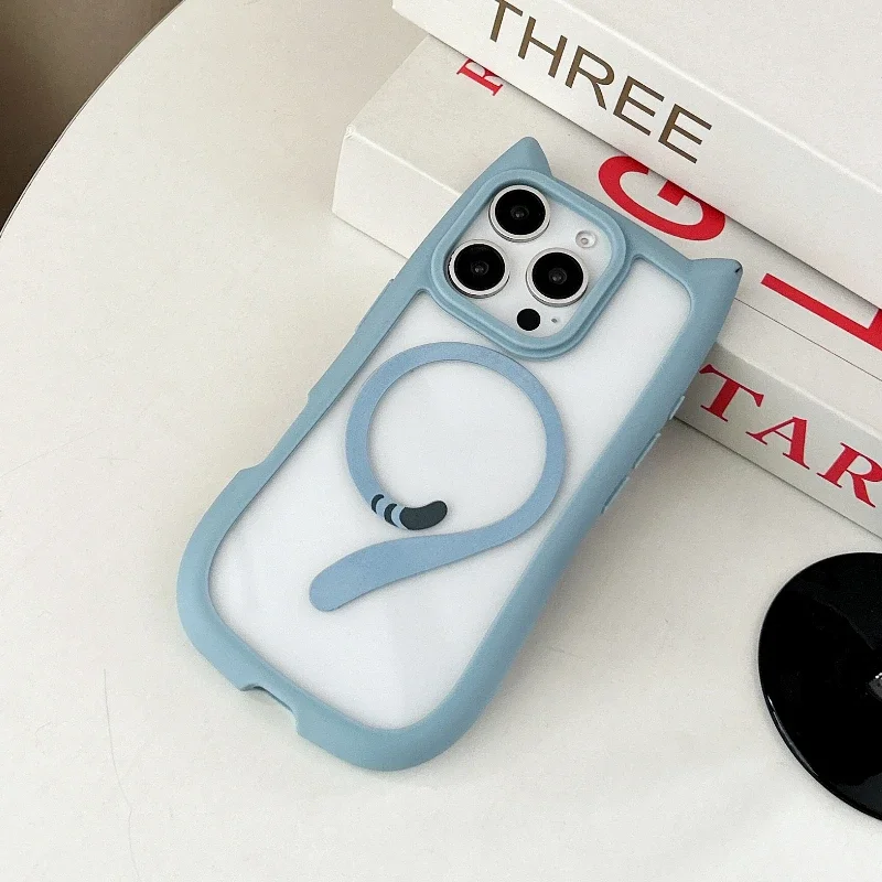 (azul, Iphone 14) Capa Transparente 3d Em Tpu Com Orelhas De Gato Para Iphone, Compatível Com Carregamento Sem Fio Magnético.