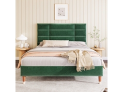 Cama Casal Estofada 140x200 Cm Linho, Cabeceira, Estrado de Ripas, Espaço Sob a Cama, com Colchão, Verde KOMHTOM