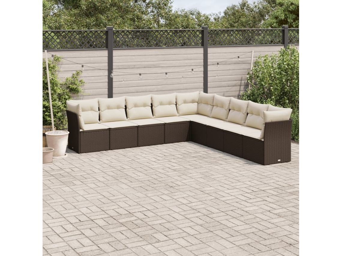 Vidaxl 9 Pcs Conjunto Sofás P/ Jardim C/ Almofadões Vime Pe Castanho