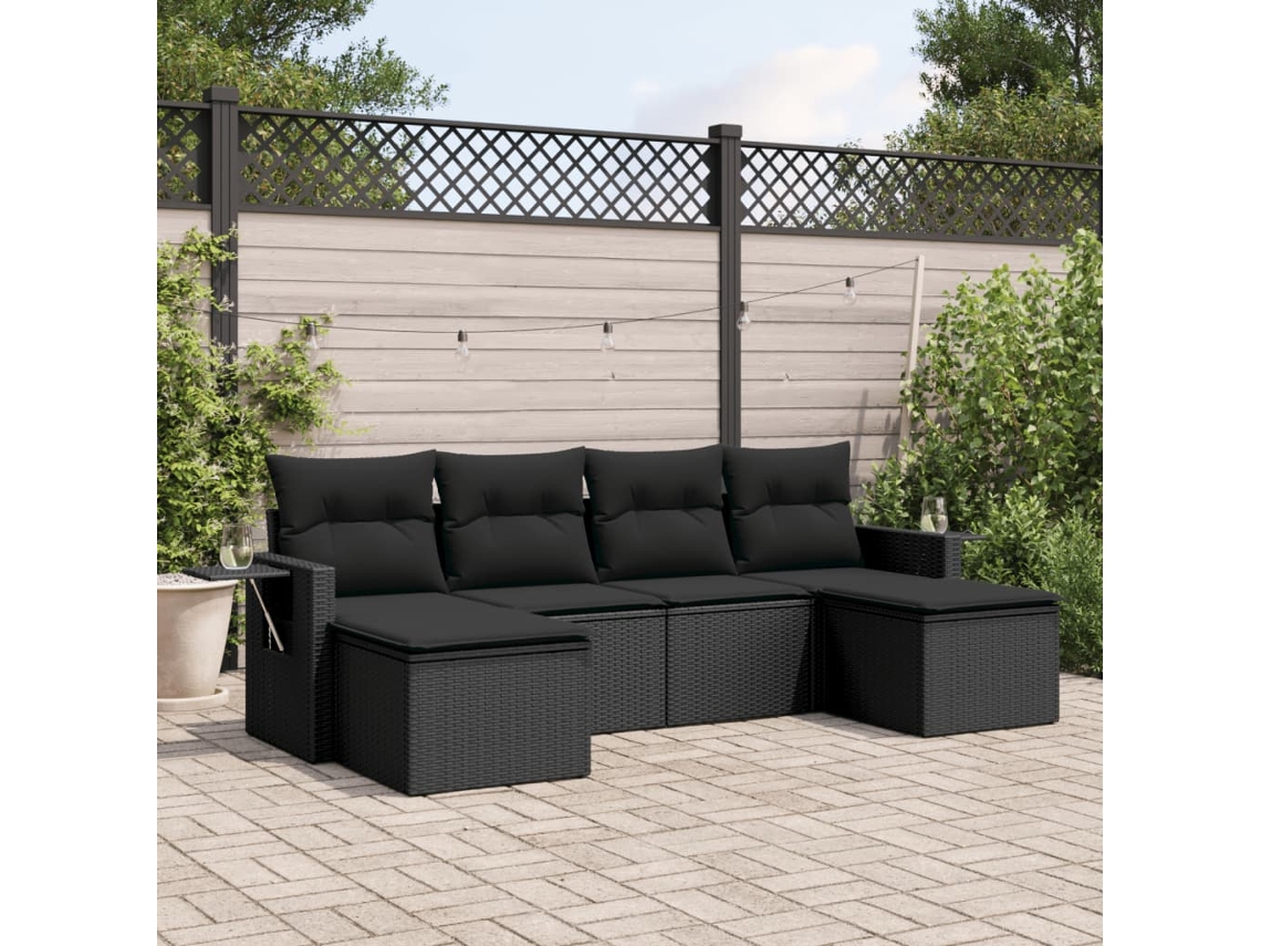 Jogo de Sofá Jardim 6 Peças C/ Almofadões Vime Pe Preto Dkd Home Decor