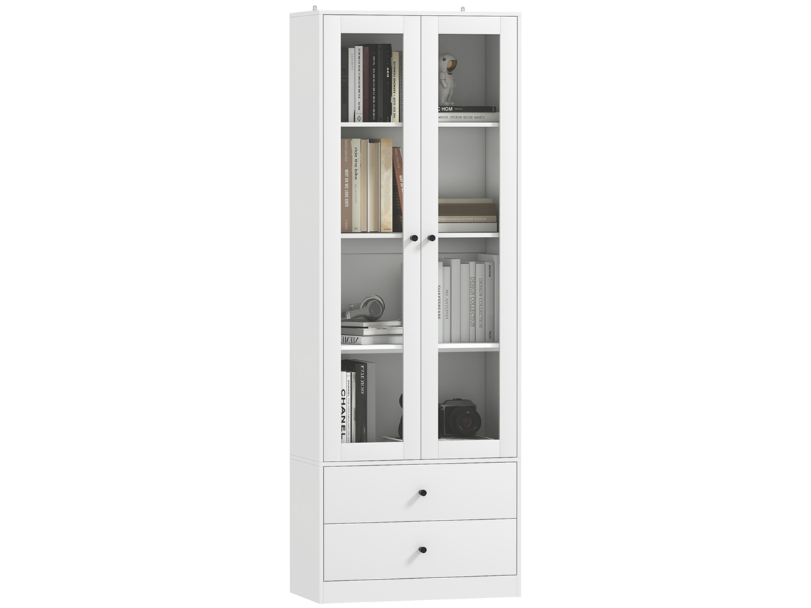 Aparador da Cozinha com Armário e 2 Gavetas. Portas de Vidro e Prateleiras Ajustáveis. 59x30x164 Cm. Branco Ge