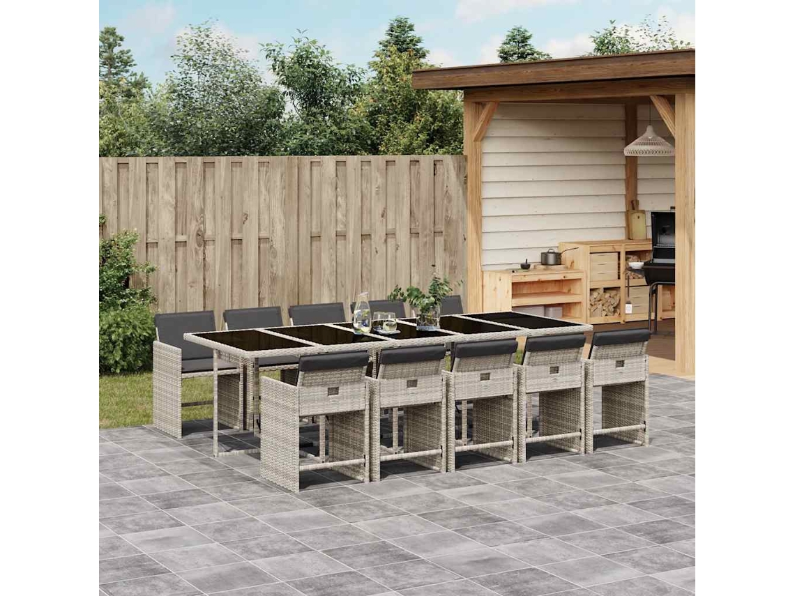 Vidaxl 11 Pcs Conjunto Jantar P/ Jardim C/ Almofadões Vime Pe Cinzento