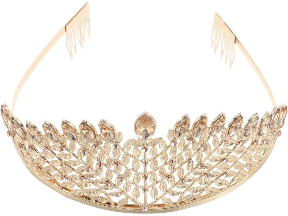 Tiara dourada romântica para casamento, elegante coroa metálica com cristais.
