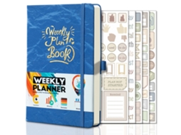A5 English Weekly Planner Notebook With Binding, Royal Blue Flock Embossed Gold, Includes 5-sheets Planner Stickers