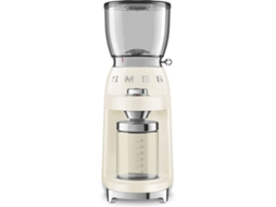Moinho de Café SMEG CGF01CREU (Capacidade: 130 g - 150 W - Creme) — Moinho de café com moinho cónico. 30 níveis de moagem. 8 Funções. e 1 Função Manual. Sistema anti estático. Funil com capacidade para 350 gr. Com sistema Twist&Lock. Jarro para 150 gr. Café moído