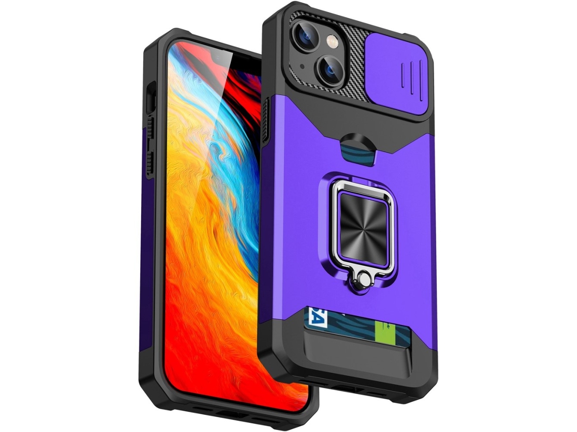 Suporte Casa Slide Câmara Para Iphone 13 Pele Sintética Com Porta-cartões Roxo