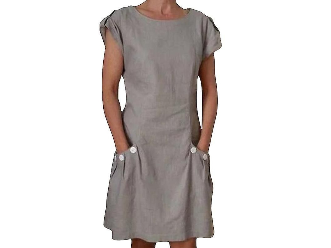 2026 vestido Curto de Manga Curta para Mulher com Bolsos e Botões, Gola Redonda, Verão Casual, Algodão