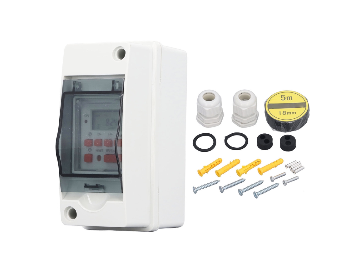 INTERRUPTOR DE TIMER DIGITAL PROGRAMÁVEL 7 DIAS 28 HORÁRIOS COM CAIXA IMPERMEÁVEL AC85-265V S/MARCA