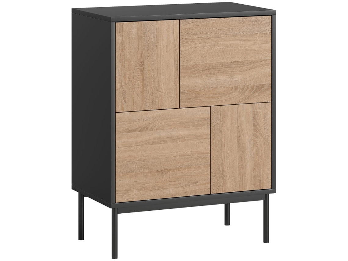 Aparador com portas de correr, aparador com pés de metal, armário de cozinha, MDF, marrom e madeira natural.