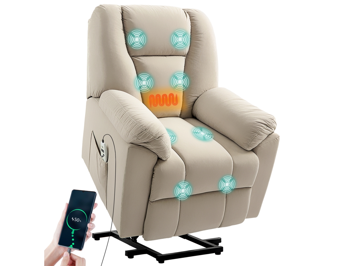 Poltrona elétrica PRIME KANG com massagem, aquecimento, entradas USB, controle remoto, Bege