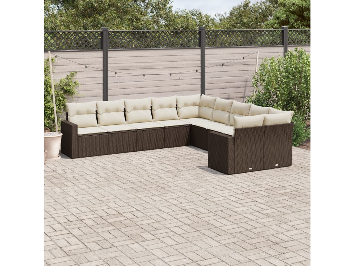 Vidaxl 10 Pcs Conj. Sofás Jardim Com Almofadões Vime Pe Castanho