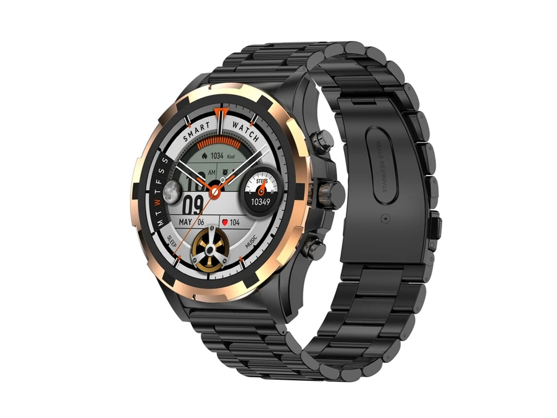Smartwatch com chamadas Bluetooth, atualizações meteorológicas, controle de música, monitoramento de frequência cardíaca e vários modos.