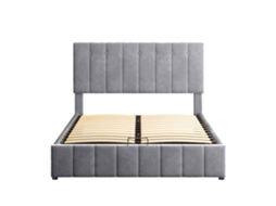 Cama Com Arrumação Estofada Aveludado Mobrio Madeira Tecido Cinzento (140x200cm)