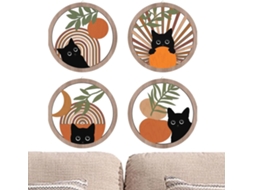 Decoração de Parede Boho Gato, Conjunto 4 Peças com Preto em Madeira Arte Geométrica Abstrata CHABERLU
