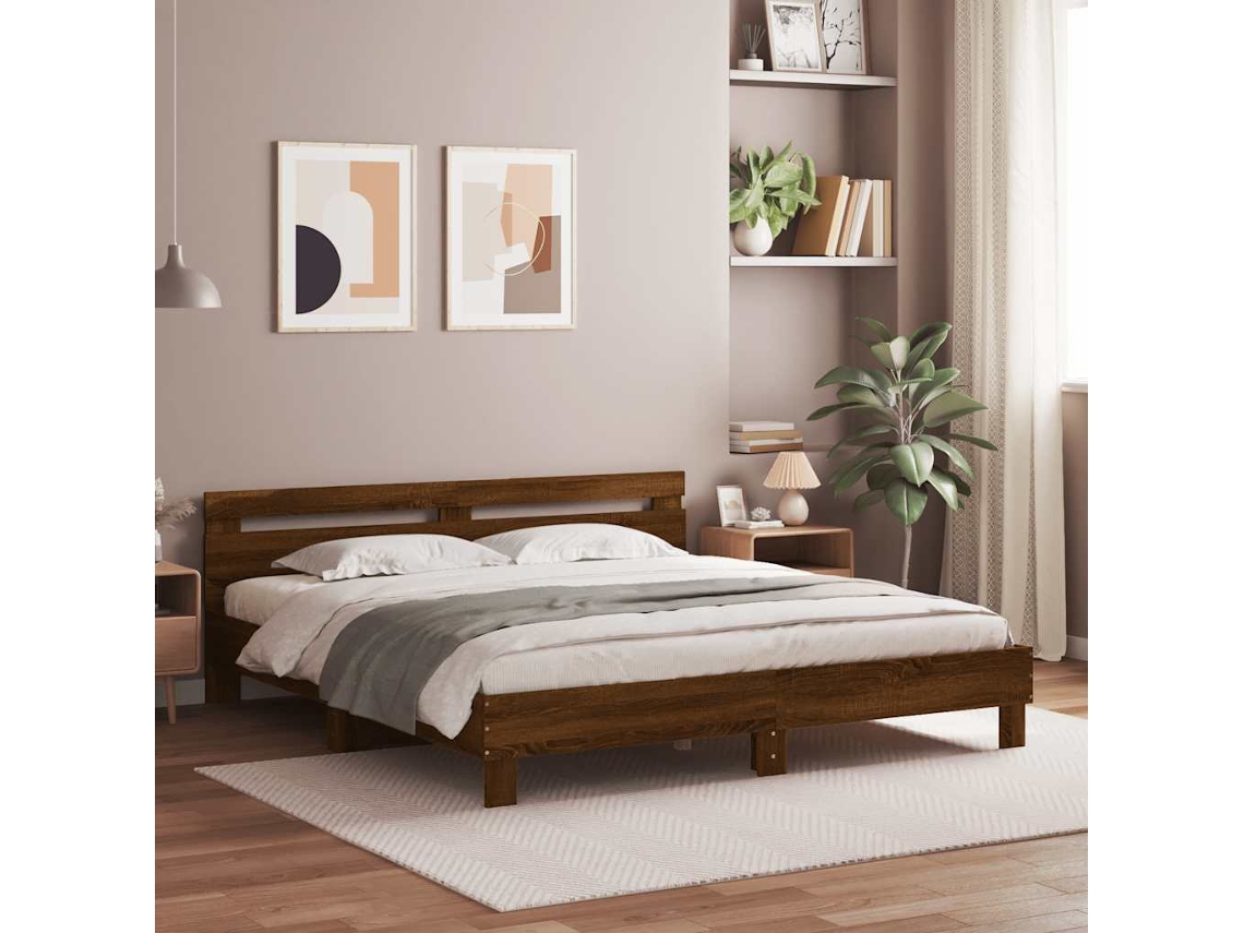 Vidaxl Estrutura Cama C/ Cabeceira Derivados Madeira Carvalho Castanho