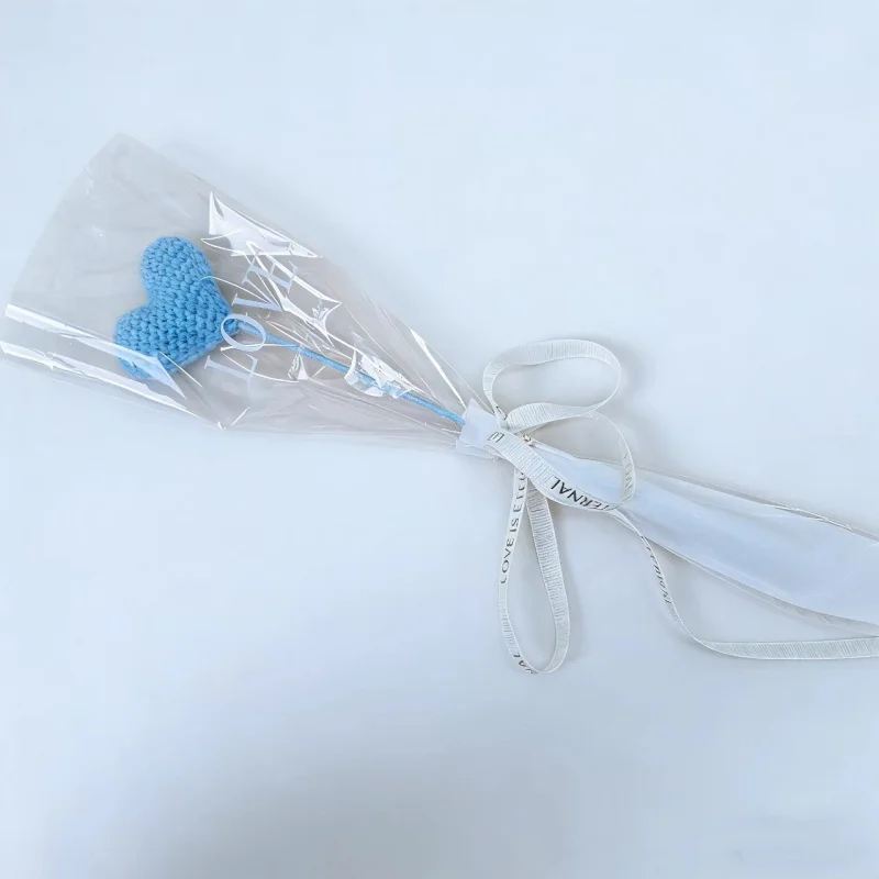(azul) Galhos De Flores Artificiais, Flores Tricotadas, Flores Artificiais Em Forma De Coração Feitas À Mão Em Crochê, Buquê De Lã