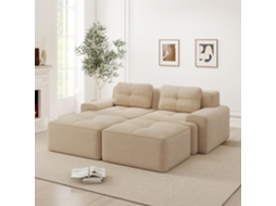 Sofá Modular Nuvem U, Veludo Cotelê Bege, Com Pufe E Assento Profundo, Sem Montagem.