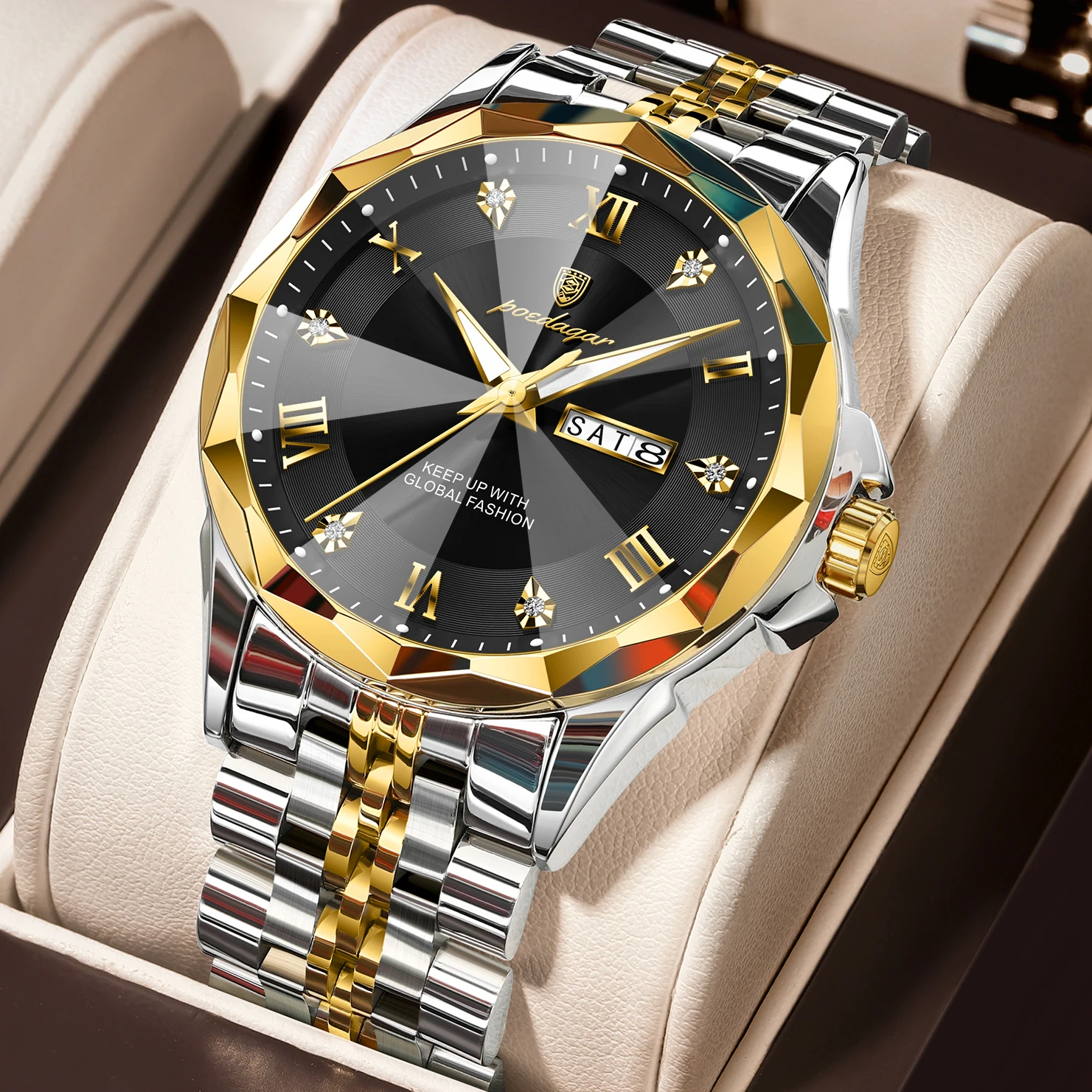 Relógio masculino de luxo (dourado e preto), em Prova D'água, luminoso, com exibição de data e dia da semana.