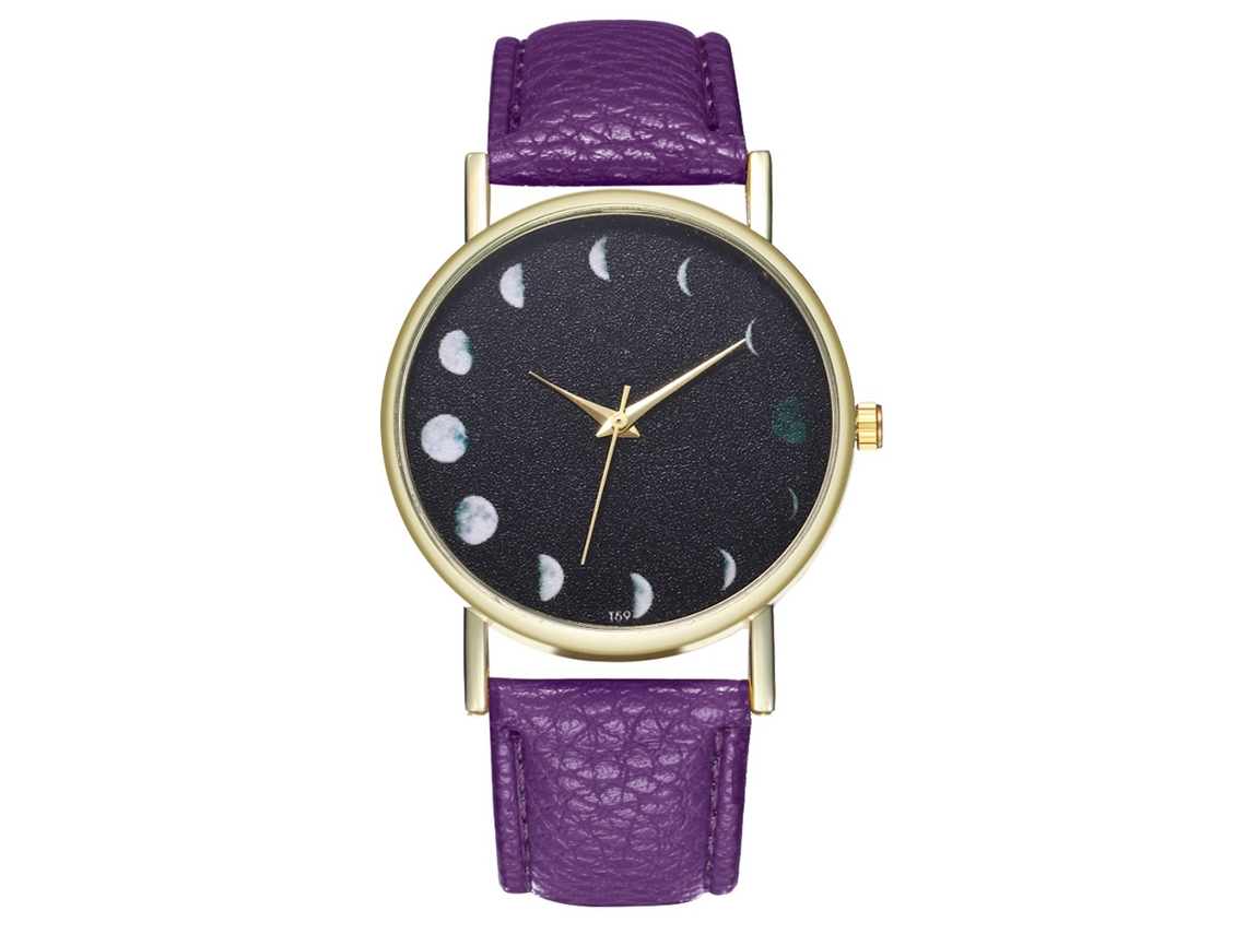 Reloj De Cuarzo Con Correa De Cuero Pu Moda Diseño Simple Unisex Luna (morado)