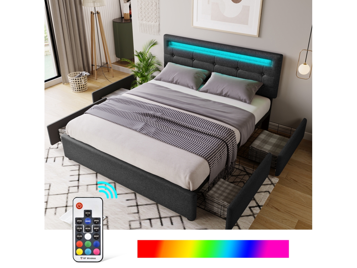 Cama De Casal 140x200cm Preta Com Led, 4 Gavetas E Cabeceira Ajustável