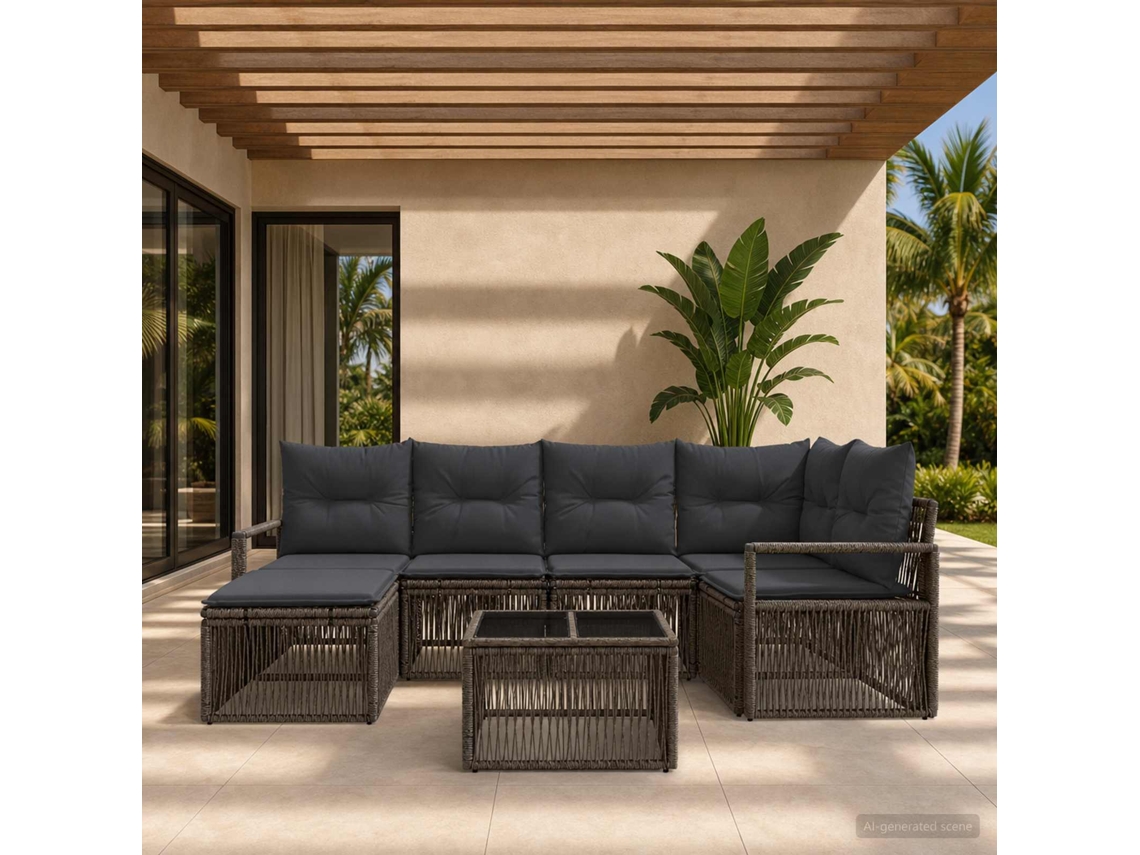 Vidaxl Conjunto De Sofá De Jardim 7 Unid. Cinzento Vime Pe