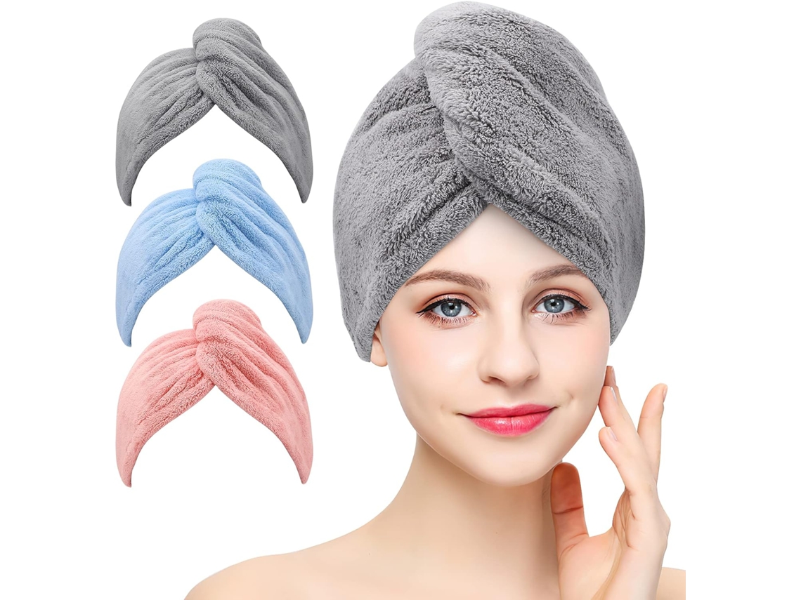 3 Peças De Toalhas De Cabelo De Microfibra Superabsorventes, Turbante De Torção, Toalha De Secagem Rápida Com Botões Para Banheiro, Salão De Beleza,