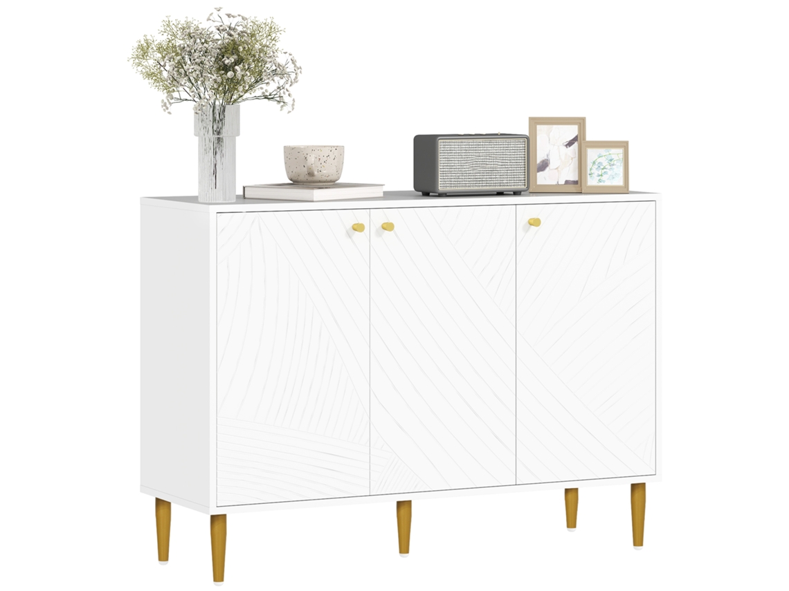 Aparador Com 2 Armários, 3 Portas, Prateleiras Ajustáveis, Pés Em Aço Dourado, 107 X 35 X 77 Cm, Branco