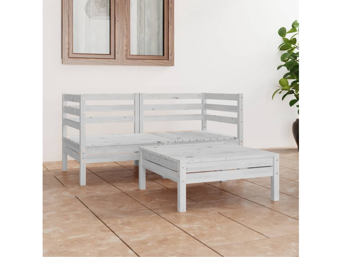 Conjunto Lounge Jardim Pinho Maciço Branco 3 Pcs Dkd Home Decor